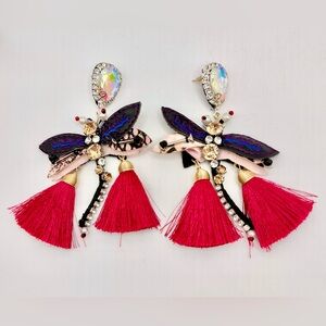 Dragonfly Statement Tassel Earrings Rhinestone Boho Dangle